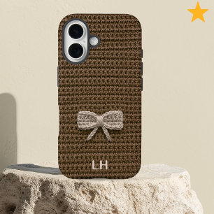 Coque Pour iPhone 16 Joli fil à crocheter marron avec noeud personnalis
