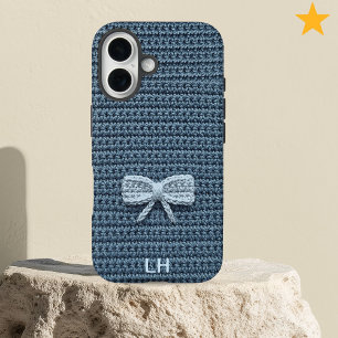 Coque Pour iPhone 16 Joli fil à crocheter un nœud bleu avec nom personn