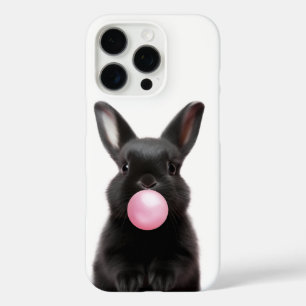 Coques iPhone 16 Pro Joli lapin noir soufflant de bulle rose gomme