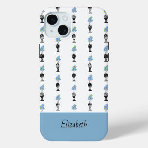 Coque iPhone 15 Mini Joli, moderne, bleu et jaune motif floral