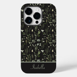 Coque Pour iPhone 14 Pro Joli Moderne Floral Botanique Vert et Noir
