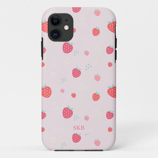 Coques Case-Mate iPhone Joli monogramme blanc rose et fraise rouge (Dos)
