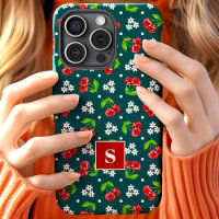 Joli Monogramme Cerises Floral à Points Teal