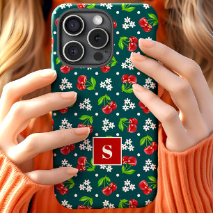 Coque Pour iPhone 15 Joli Monogramme Cerises Floral à Points Teal