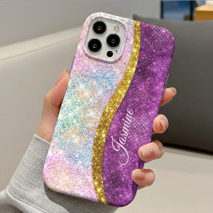 Coque Pour iPhone 14 Joli monogramme doré fuchsia iridescent faux paill