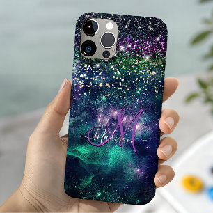 Case-Mate iPhone Case Joli monogramme faux paillettes vert violet foncé