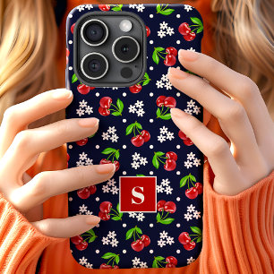 Coque Pour iPhone 15 Joli Monogramme Marine Cerises à pois Floraux Mign