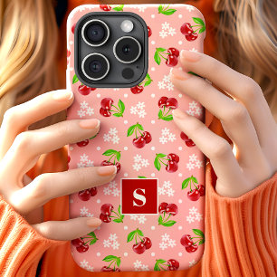 Coque Pour iPhone 15 Joli motif floral à pois Cerises Rose Monogramme