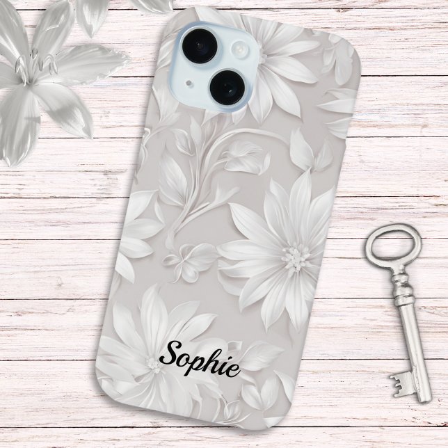 Coques Case-Mate iPhone Joli motif floral naturel blanc élégant chic (A pretty floral phone case in light natural and white colors, personalized with a name)