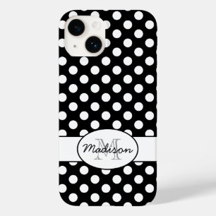 Coque Pour iPhone 14 Joli motif rétro à pois blancs noirs Monogramme