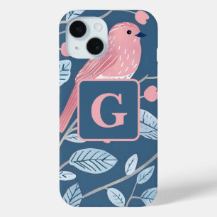 Coque Pour iPhone 15 Joli oiseau rose bleu gris personnalisé monogramme