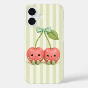 Coque Pour iPhone 16 Joli paire de cerises Kawaii sur rayures vert saug