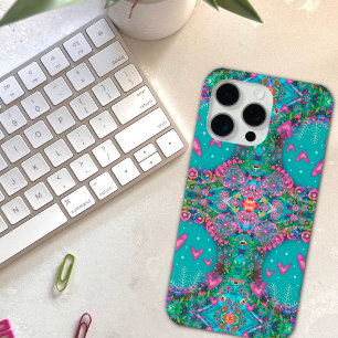 Coque iPhone 15 Pro Max Joli plaisir Bleu Boho Coeurs Fleurs Motif