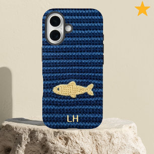 Coque Pour iPhone 16 Joli Poisson Bleu au Crochet Fil Personnalisé