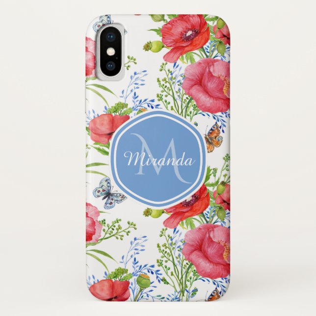 Coques Case-Mate iPhone Joli Poppies rouges avec papillons bleus et nom (Dos)