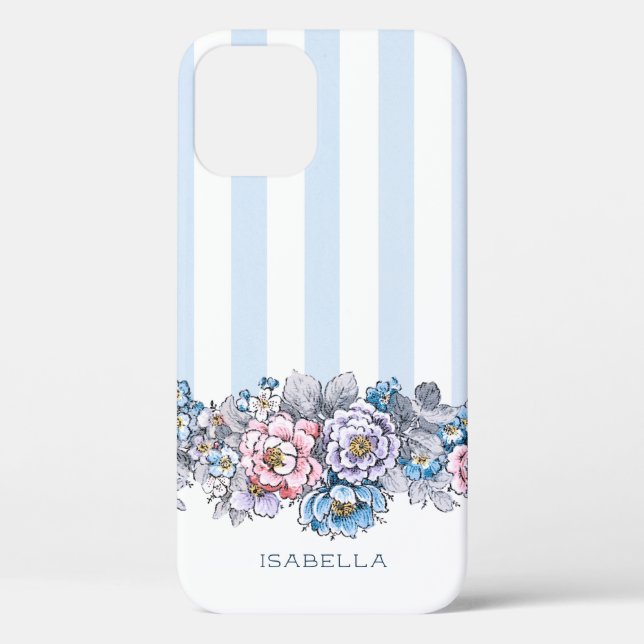 Coques Case-Mate iPhone Joli rose et bleu Fleurs et bandes avec nom (Verso)