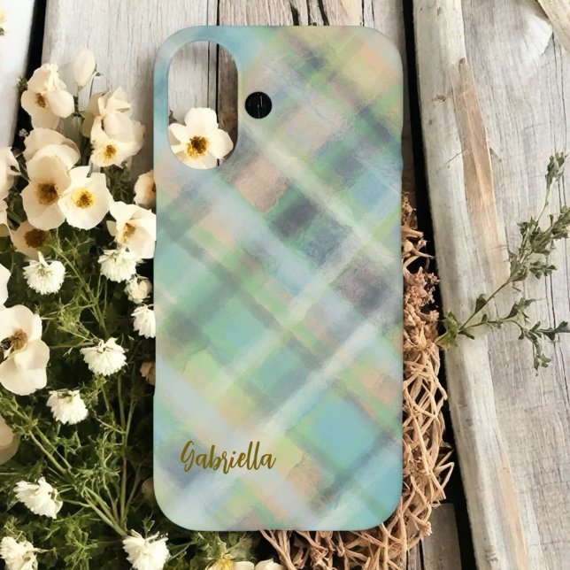 Coques Case-Mate iPhone Joli script monogramme plaid turquoise jaune gris  (Créateur téléchargé)