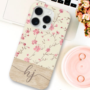 Coque iPhone 15 Pro Joli Shabby Personnalisé Chic Floral Bois Monogram