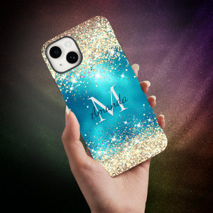 Coque Pour iPhone 15 Joli turquoise or faux parties scintillant monogra