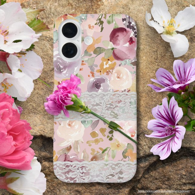 Coques Case-Mate iPhone Jolie aquarelle fleurs avec dentelle Élégant chic (Créateur téléchargé)