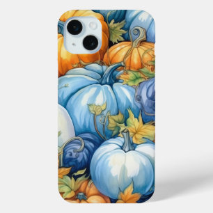 COQUE iPhone 15 MINI JOLIE BLEU ORANGE BLANC AUTOMNE CITROUILLES