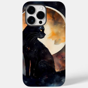 COQUE POUR POUR iPhone 14 PRO MAX JOLIE CHAT NOIR EN COULEUR D'EAU AVEC PLEINE LUNE