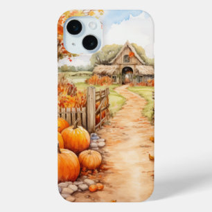 COQUE iPhone 15 MINI JOLIE COULEUR D'EAU TOMBE AUTOMNE BARN & CITROUILL
