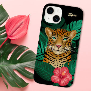 Coque Pour iPhone 14 Jolie jungle léopard Art Floral   Noir   Nom
