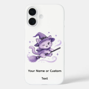 Coque Pour iPhone 16 Jolie sorcière chat violet sur un balai Halloween