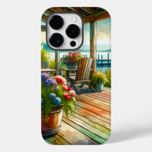 Coque Pour iPhone 14 Pro Jolie terrasse avec vue sur le lac et les fleurs