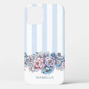Case-Mate iPhone Case Jolies fleurs et bandes roses et bleues avec nom