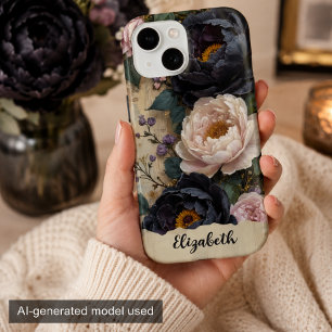 Coque Pour iPhone 15 Jolies Pivoines Roses et Violettes Personnalisées