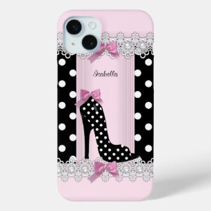 Coque iPhone 15 Mini Jolis talons hauts rose avec des pois noirs
