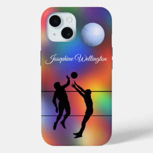 Coque Pour iPhone 15 Joueurs et ballon de volley-ball en silhouette per