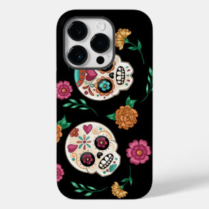 Coque Pour iPhone 14 Pro Jour des Morts crânes et fleurs de sucre Noir