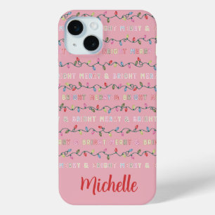 Coque iPhone 15 Mini Joyeux et brillant boue lumières de Noël rose