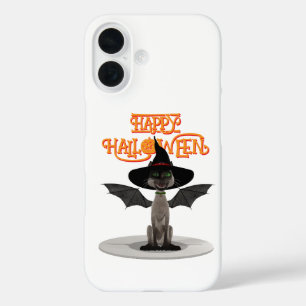 Coque Pour iPhone 16 Joyeux Halloween. Chat avec ailes et casquette de 