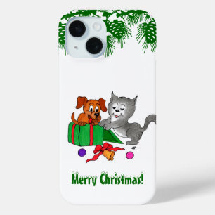 Coque Pour iPhone 15 Joyeux Noël avec chat et chiot