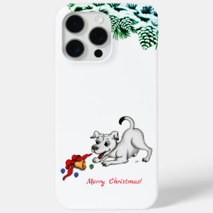 Coque iPhone 15 Pro Max Joyeux Noël ! Chiot avec Bell et Ball