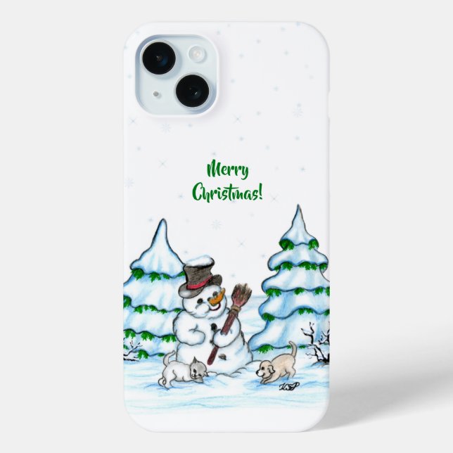 Coques Case-Mate iPhone Joyeux Noël ! Snowman avec chat et chiot (Verso)