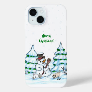 Coque Pour iPhone 15 Joyeux Noël ! Snowman avec chat et chiot