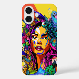 Coque Pour iPhone 16 Jungle Goddess Pop Art Portrait de Paon iPhone 16