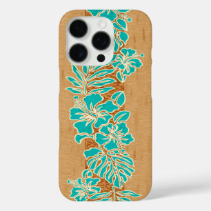 Coques iPhone 16 Pro Kalaheo Hawaïen Hibiscus Tapa Faux Wood Aqua