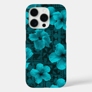 Coques iPhone 16 Pro Kalalau Tapa Hibiscus Turquoise tropical hawaïen