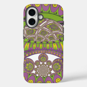 Coques iPhone 16 Kaleidoscope africain violet et jaune traditionnel