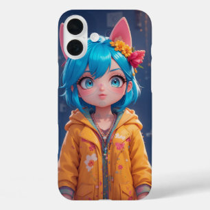 Coques iPhone 16 Plus Kawaii Fille de chat à Haired Bleu