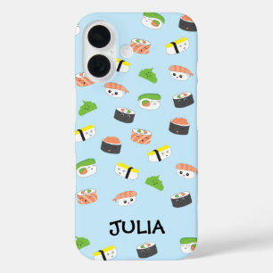 Coque Pour iPhone 16 Kawaii personnalisé, illustration sushi bleu migno