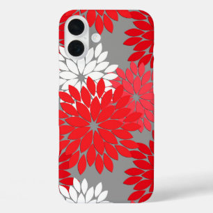 iPhone 16 Plus Case Kimono floral moderne Imprimer, Coral rouge et gri