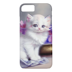 Case-Mate iPhone Case Kitten blanc vintage aux fleurs roses et violettes