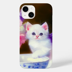 Coque Pour iPhone 14 Kitten blanc vintage avec ruban violet